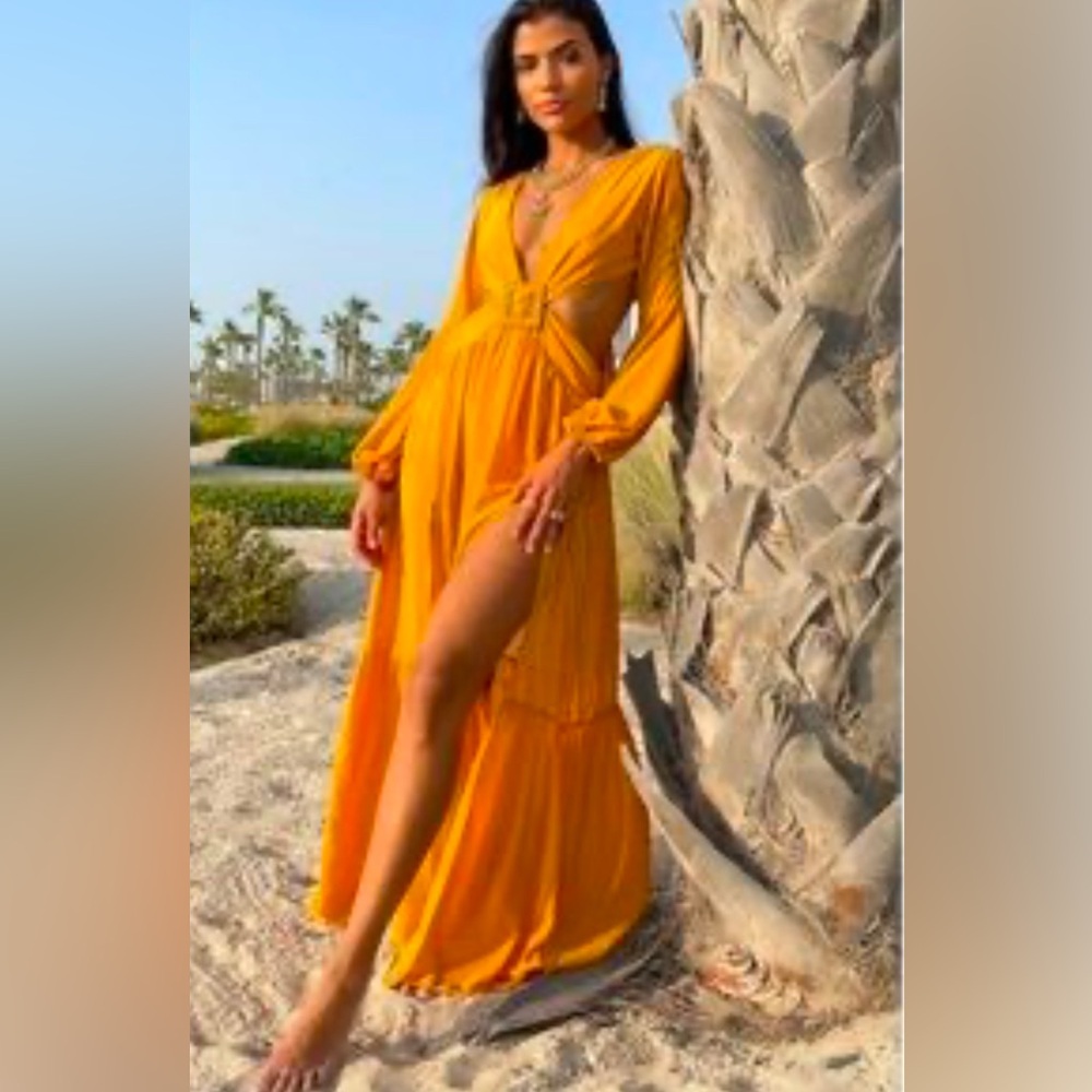 Luxxel - Long Sleeve Maxi Dress With Cutout Mustard Yellow Open Back Size L